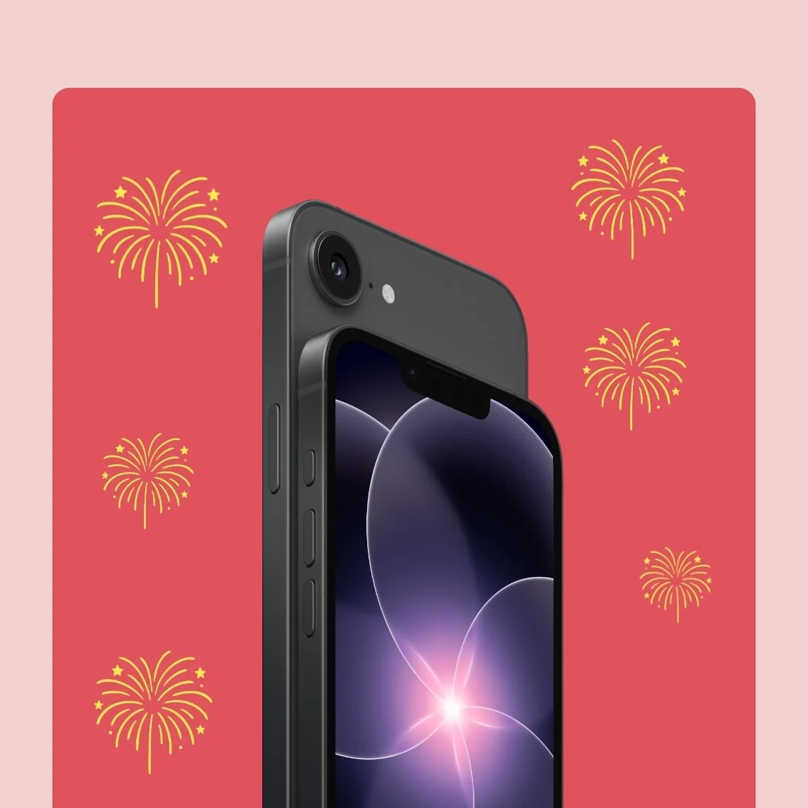 Small gold fireworks burst around a black iPhone 17e angled front screen & back on a medium pink rectangle against a light pink background.